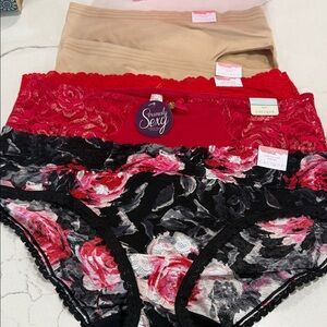 Cacique Lace and Floral Panties in Red, Black, and Tan